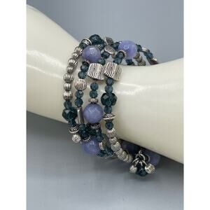 Premier Designs Memory Wire Wrap Bracelet Denim Blue Silver Tone Beads SZ 6 7 8
